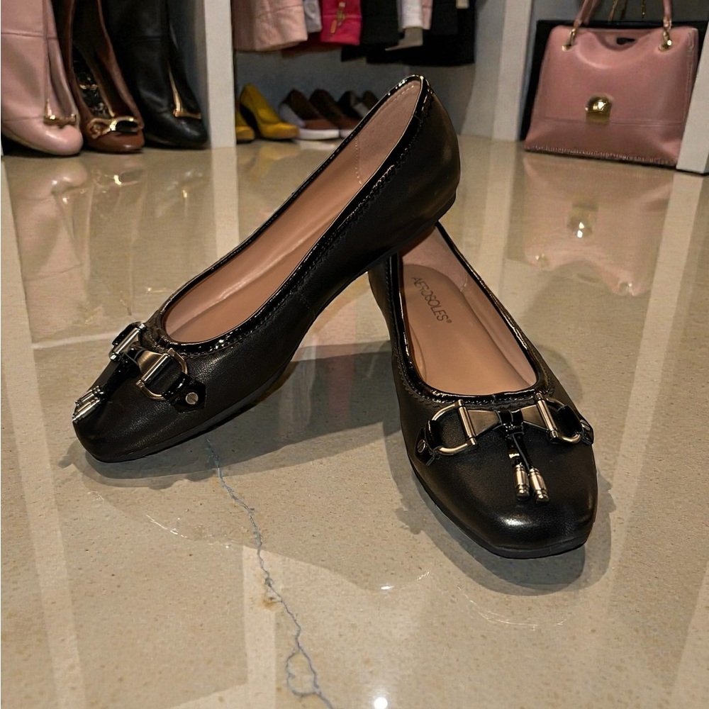 Aerosoles Mint Julep Black Leather Ballet Flats Womens 8.5 M Core Comfort NWT